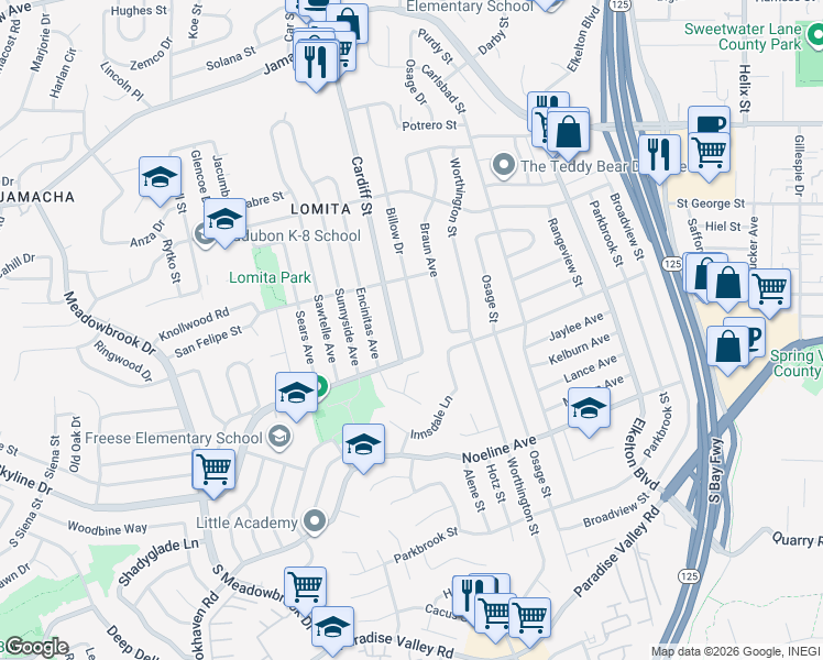 map of restaurants, bars, coffee shops, grocery stores, and more near 342 Billow Drive in San Diego