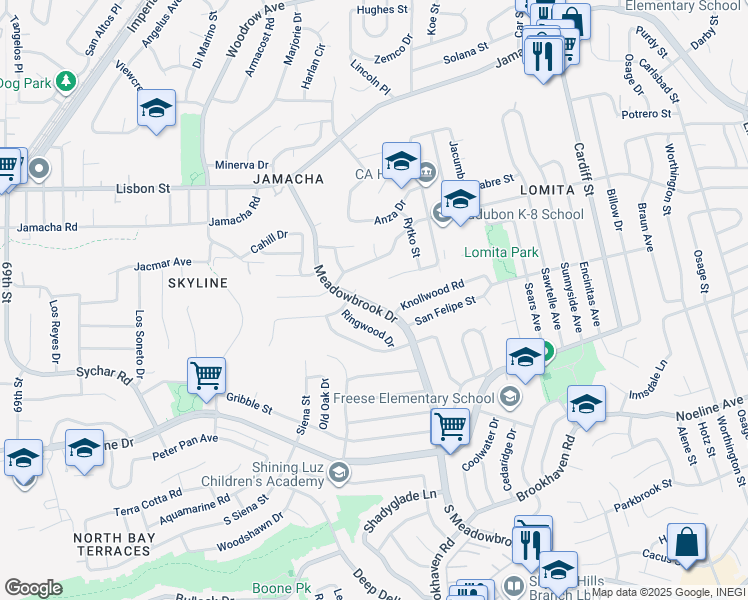 map of restaurants, bars, coffee shops, grocery stores, and more near 465 Meadowbrook Drive in San Diego