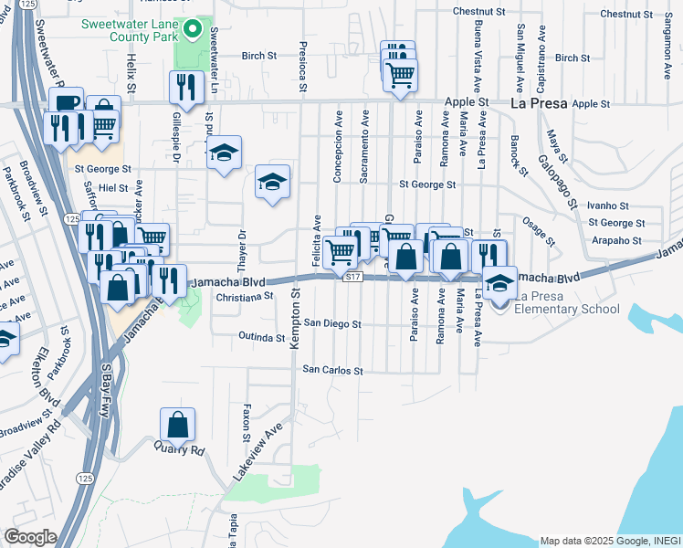 map of restaurants, bars, coffee shops, grocery stores, and more near 9305 Jamacha Boulevard in Spring Valley
