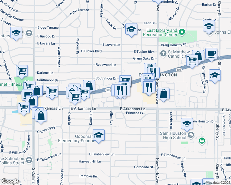 map of restaurants, bars, coffee shops, grocery stores, and more near 2236 Browning Drive in Arlington