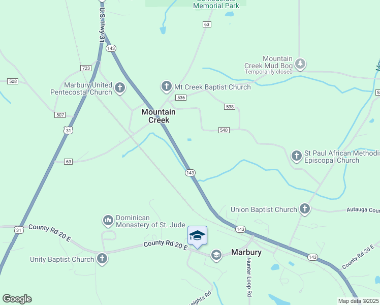 map of restaurants, bars, coffee shops, grocery stores, and more near 573 Alabama 143 in Marbury