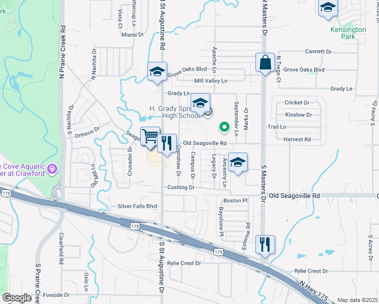 map of restaurants, bars, coffee shops, grocery stores, and more near 330 Crenshaw Drive in Dallas