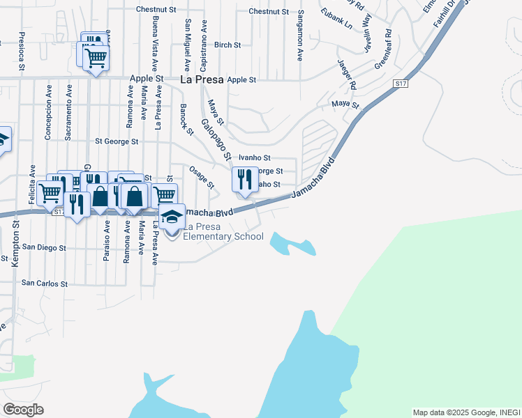 map of restaurants, bars, coffee shops, grocery stores, and more near 9809 San Diego Street in Spring Valley