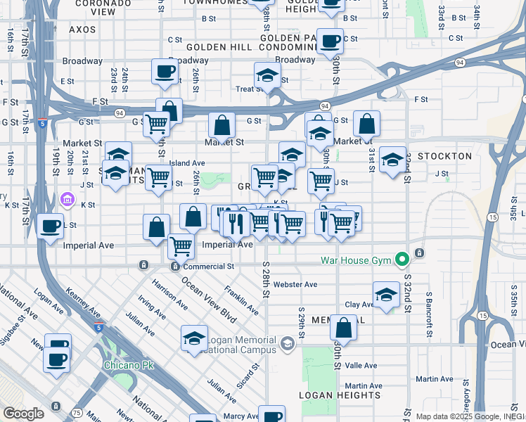 map of restaurants, bars, coffee shops, grocery stores, and more near 2810 L Street in San Diego