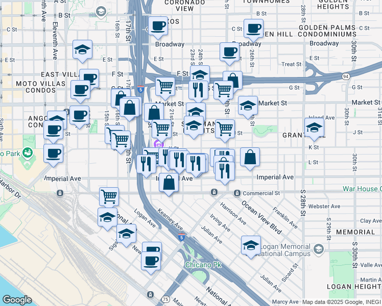 map of restaurants, bars, coffee shops, grocery stores, and more near 2144 L Street in San Diego