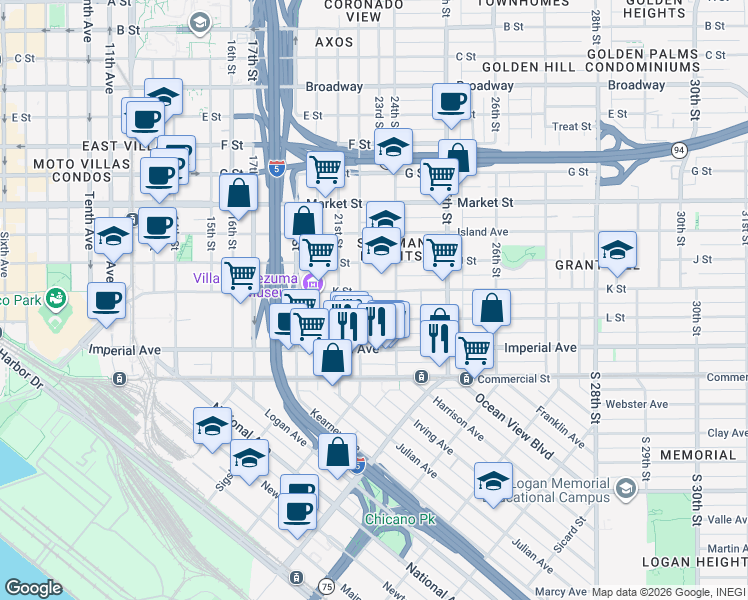 map of restaurants, bars, coffee shops, grocery stores, and more near 2144 L Street in San Diego