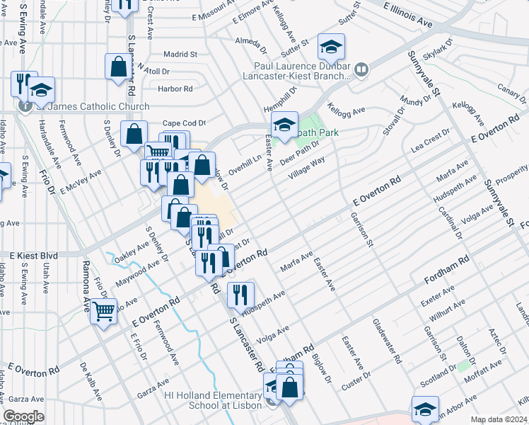 map of restaurants, bars, coffee shops, grocery stores, and more near 2116 Stovall Drive in Dallas