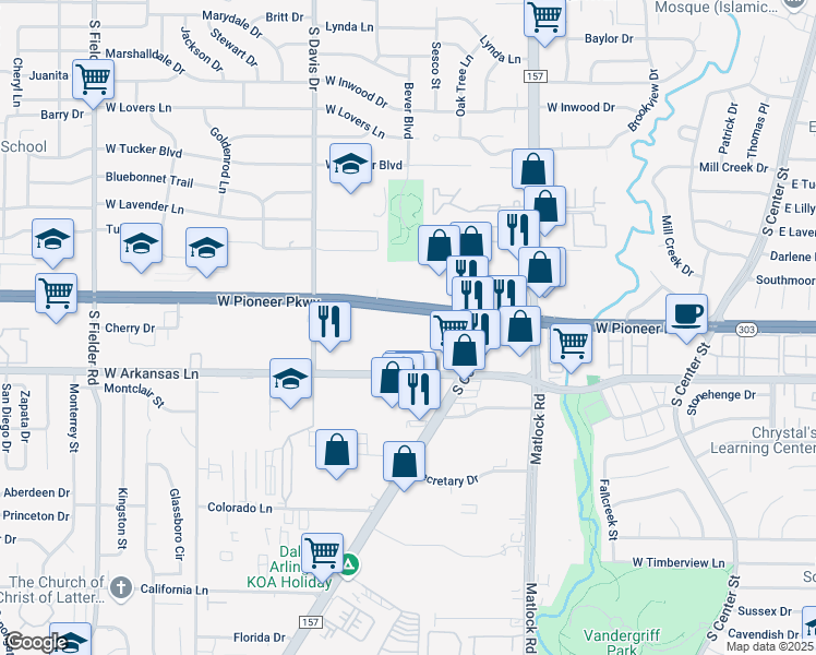 map of restaurants, bars, coffee shops, grocery stores, and more near 2212 Southgate Street in Arlington