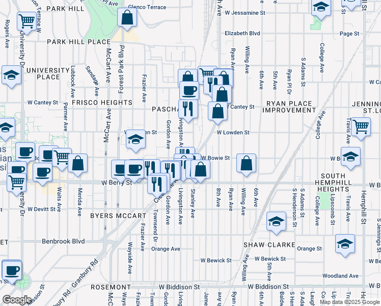 map of restaurants, bars, coffee shops, grocery stores, and more near 3005 Stanley Avenue in Fort Worth