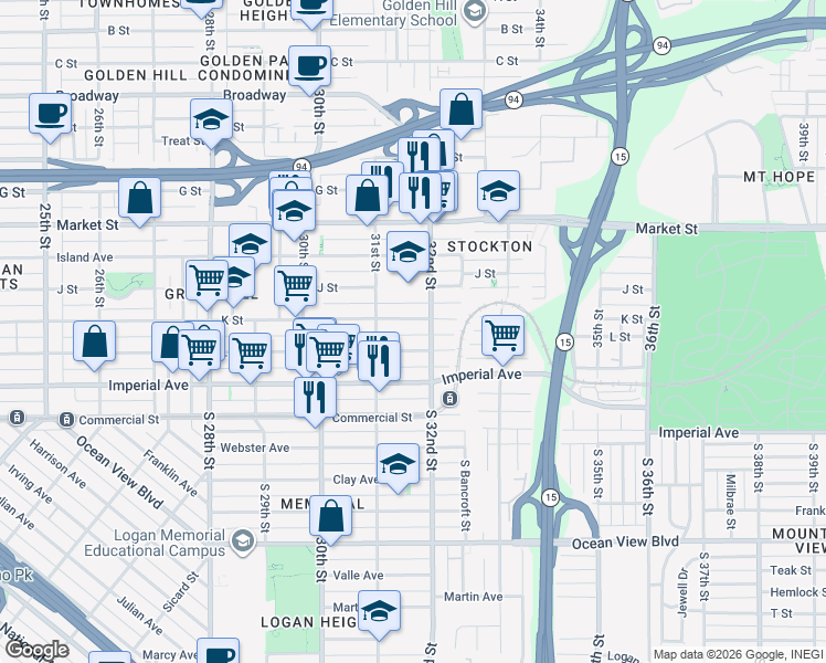 map of restaurants, bars, coffee shops, grocery stores, and more near 3175 K Street in San Diego