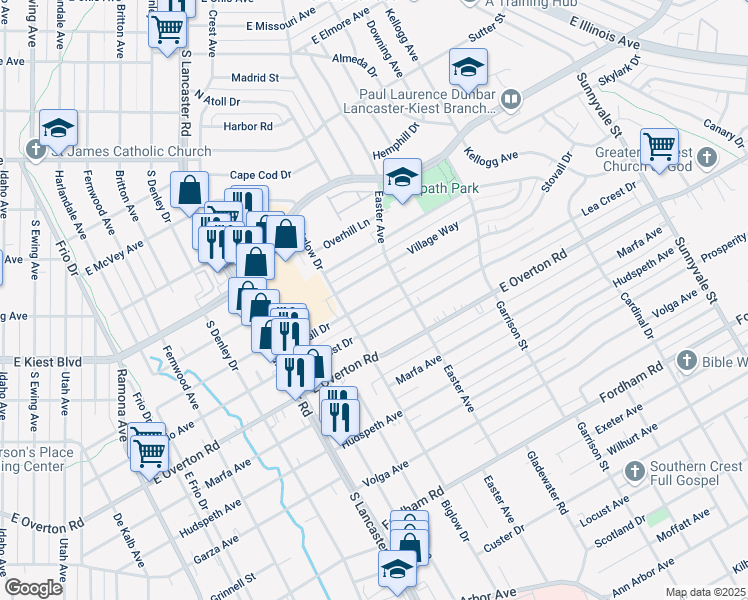 map of restaurants, bars, coffee shops, grocery stores, and more near 2116 Stovall Drive in Dallas