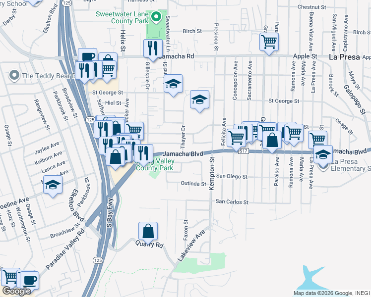 map of restaurants, bars, coffee shops, grocery stores, and more near 611 Thayer Drive in Spring Valley