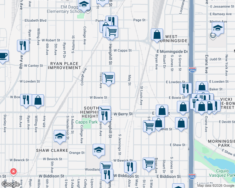 map of restaurants, bars, coffee shops, grocery stores, and more near 3006 South Jennings Avenue in Fort Worth