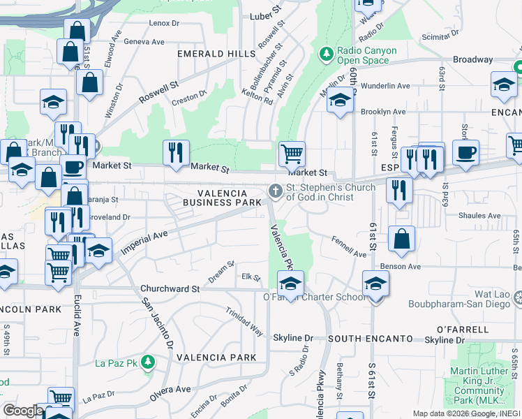 map of restaurants, bars, coffee shops, grocery stores, and more near 5641 Imperial Avenue in San Diego