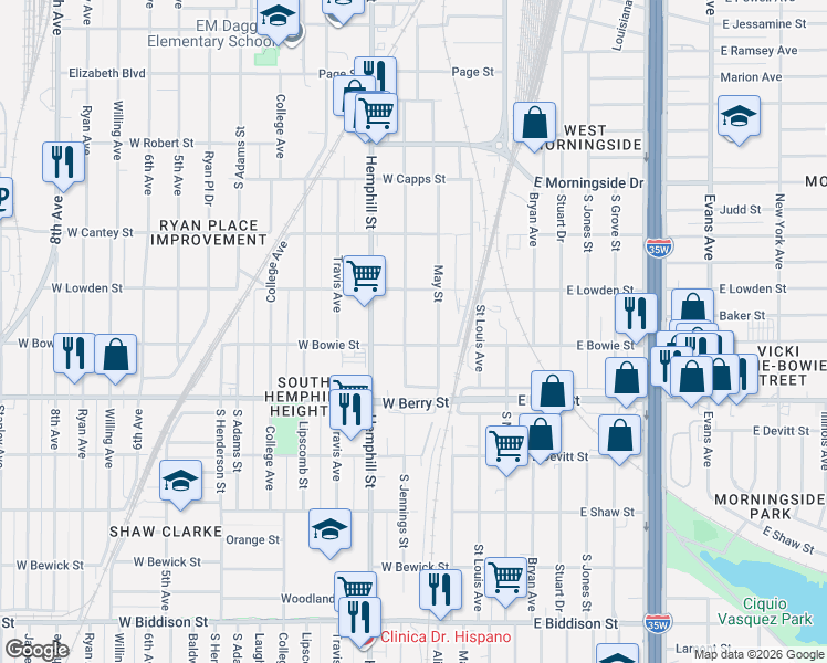 map of restaurants, bars, coffee shops, grocery stores, and more near 3006 South Jennings Avenue in Fort Worth