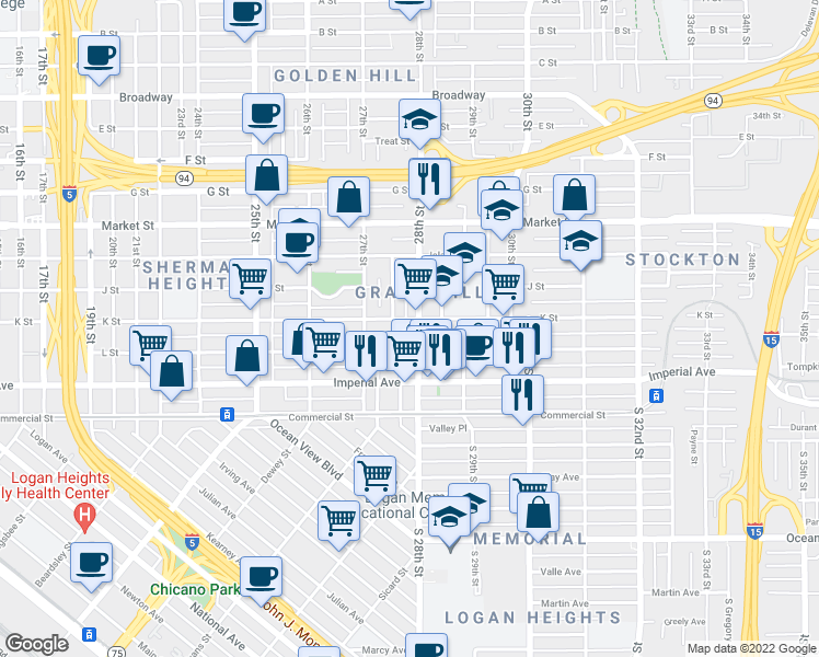 map of restaurants, bars, coffee shops, grocery stores, and more near 2810 L Street in San Diego