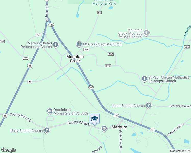 map of restaurants, bars, coffee shops, grocery stores, and more near 573 Alabama 143 in Marbury