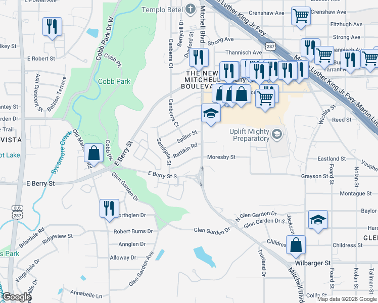 map of restaurants, bars, coffee shops, grocery stores, and more near 2501 Moresby Street in Fort Worth
