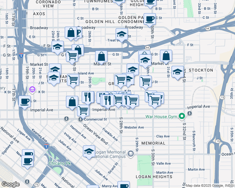 map of restaurants, bars, coffee shops, grocery stores, and more near 2775-77 K Street in San Diego