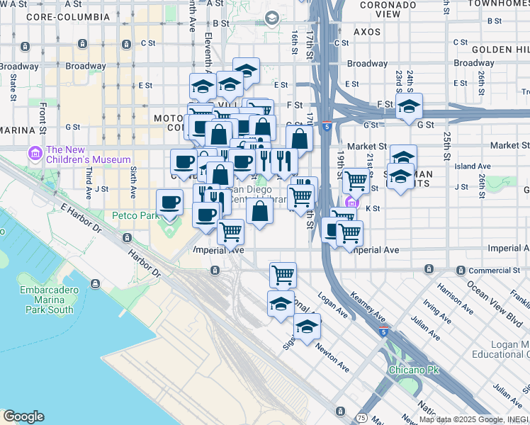 map of restaurants, bars, coffee shops, grocery stores, and more near 1400 L Street in San Diego