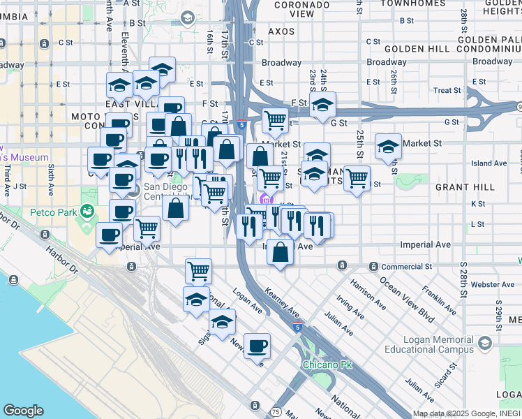 map of restaurants, bars, coffee shops, grocery stores, and more near 201 19th Street in San Diego