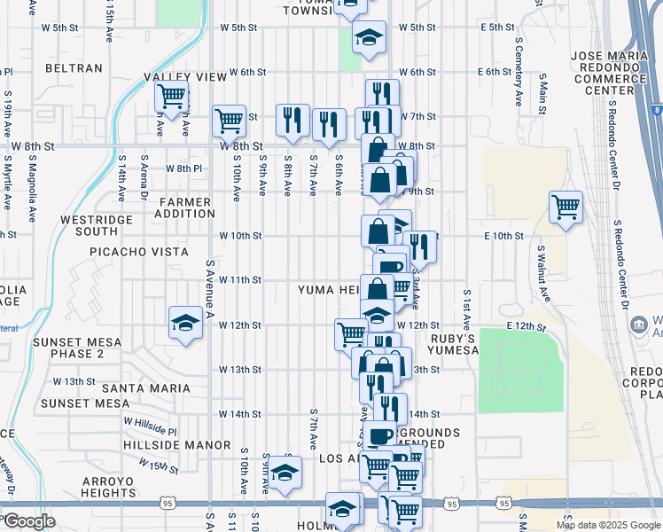 map of restaurants, bars, coffee shops, grocery stores, and more near 607 West 11th Street in Yuma