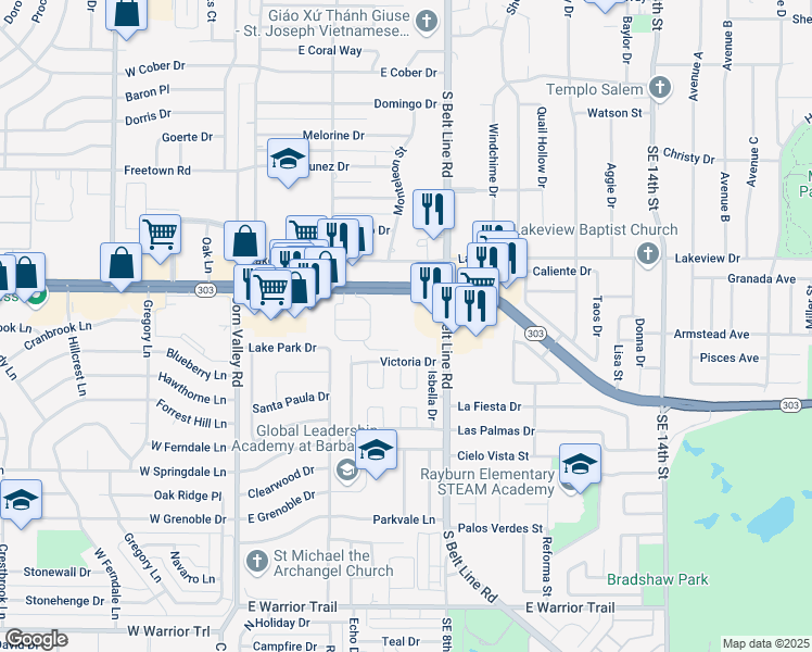 map of restaurants, bars, coffee shops, grocery stores, and more near 501 East Pioneer Parkway in Grand Prairie