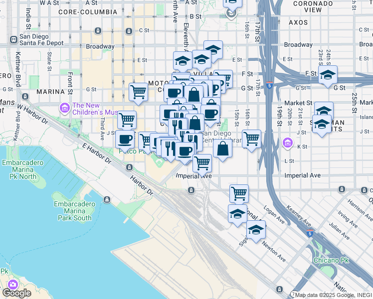 map of restaurants, bars, coffee shops, grocery stores, and more near 211 Park Boulevard in San Diego