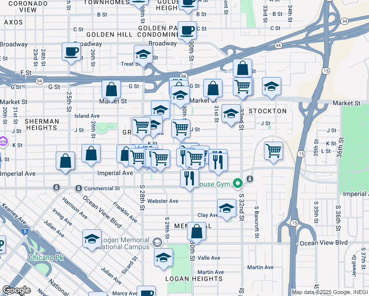 map of restaurants, bars, coffee shops, grocery stores, and more near 2956 L Street in San Diego