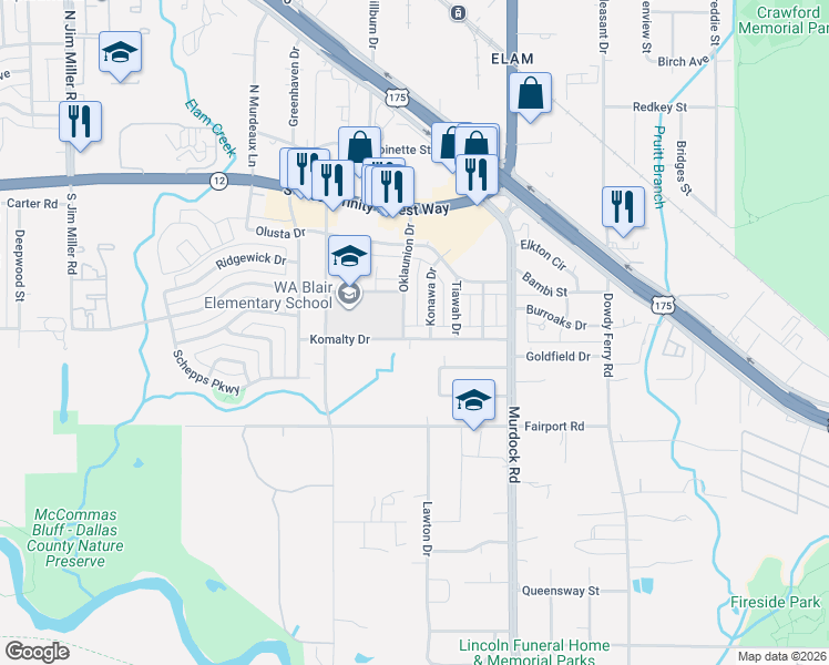 map of restaurants, bars, coffee shops, grocery stores, and more near 7911 Komalty Drive in Dallas