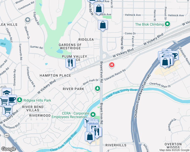 map of restaurants, bars, coffee shops, grocery stores, and more near 2500 River Park Drive in Fort Worth