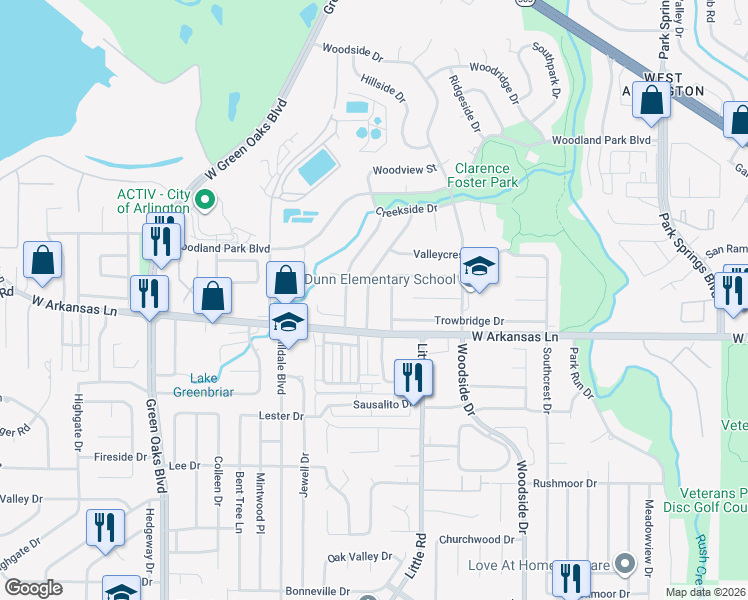 map of restaurants, bars, coffee shops, grocery stores, and more near 2217 Ridgedale Drive in Arlington