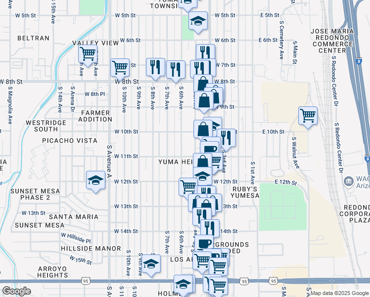 map of restaurants, bars, coffee shops, grocery stores, and more near 607 West 11th Street in Yuma