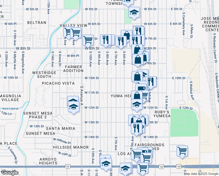 map of restaurants, bars, coffee shops, grocery stores, and more near 1104 South 7th Avenue in Yuma