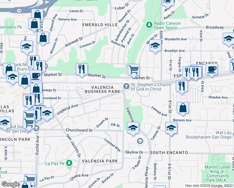 map of restaurants, bars, coffee shops, grocery stores, and more near 5656 Amanda Street in San Diego