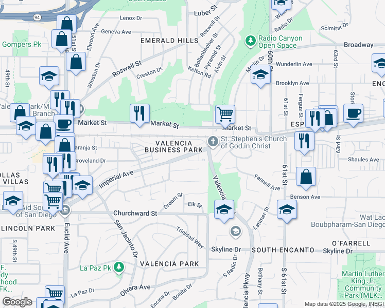 map of restaurants, bars, coffee shops, grocery stores, and more near 5586 Amanda Street in San Diego