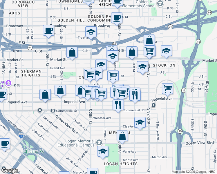 map of restaurants, bars, coffee shops, grocery stores, and more near 2956 L Street in San Diego