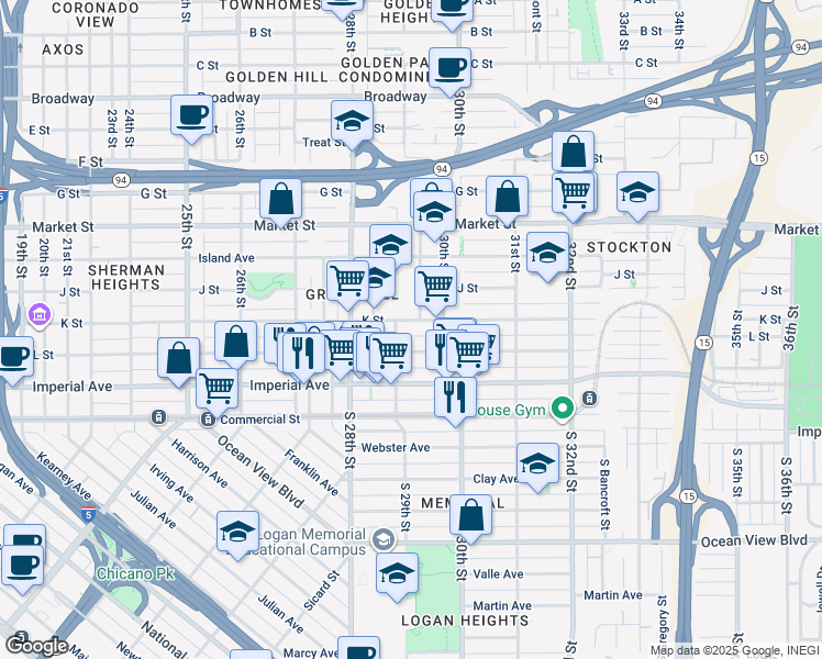 map of restaurants, bars, coffee shops, grocery stores, and more near 203 29th Street in San Diego