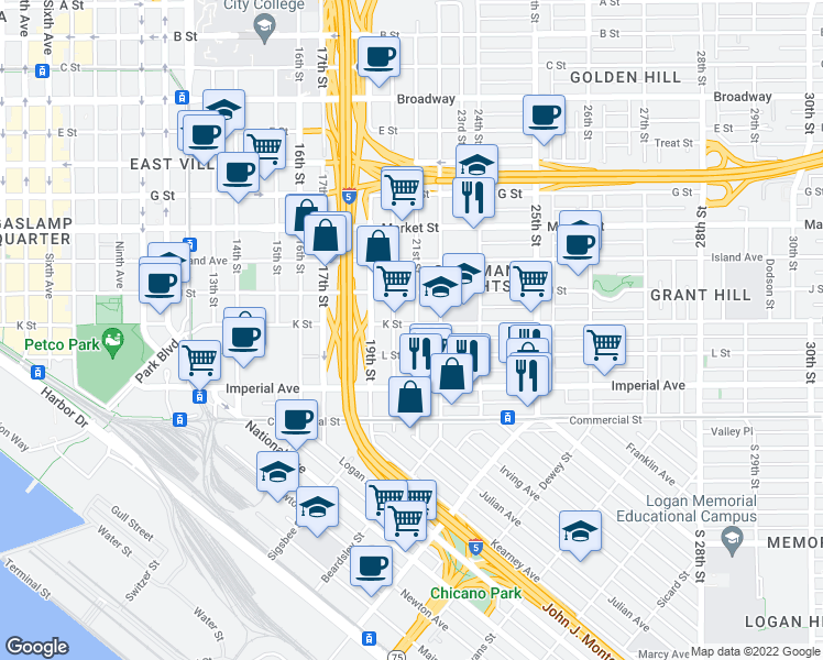 map of restaurants, bars, coffee shops, grocery stores, and more near 2004-10 L Street in San Diego
