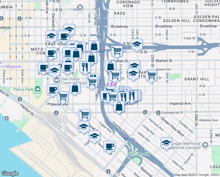 map of restaurants, bars, coffee shops, grocery stores, and more near 201 19th Street in San Diego