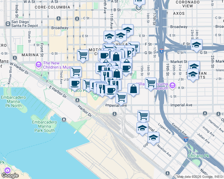 map of restaurants, bars, coffee shops, grocery stores, and more near 211 Park Boulevard in San Diego