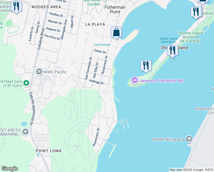 map of restaurants, bars, coffee shops, grocery stores, and more near 297 Rosecrans Street in San Diego
