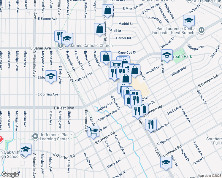 map of restaurants, bars, coffee shops, grocery stores, and more near 1338 East Kiest Boulevard in Dallas