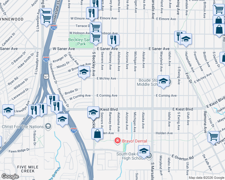 map of restaurants, bars, coffee shops, grocery stores, and more near 3102 Ramsey Avenue in Dallas
