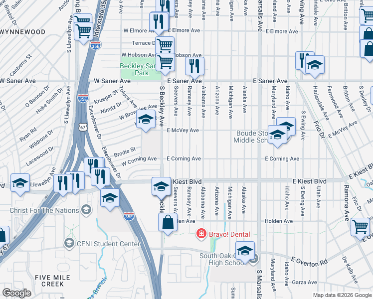 map of restaurants, bars, coffee shops, grocery stores, and more near 3102 Ramsey Avenue in Dallas