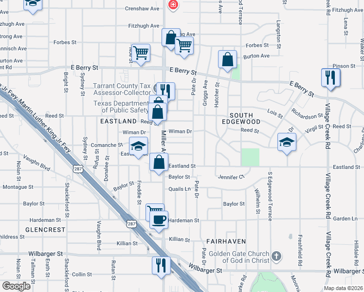map of restaurants, bars, coffee shops, grocery stores, and more near 4224 Whitehall Street in Fort Worth