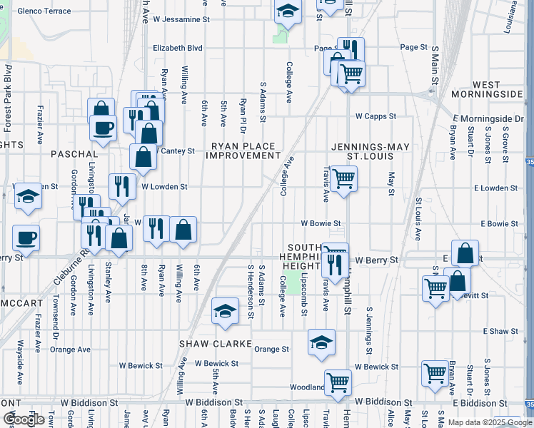 map of restaurants, bars, coffee shops, grocery stores, and more near 3005 South Adams Street in Fort Worth