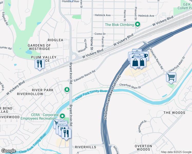 map of restaurants, bars, coffee shops, grocery stores, and more near 5651 Clearfork Main Street in Fort Worth