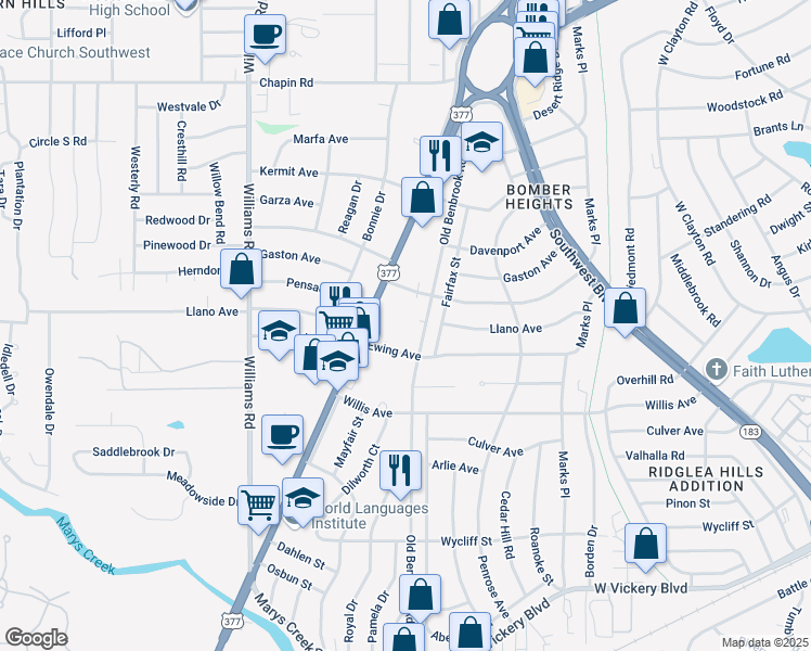 map of restaurants, bars, coffee shops, grocery stores, and more near 4416 Fairfax Street in Fort Worth