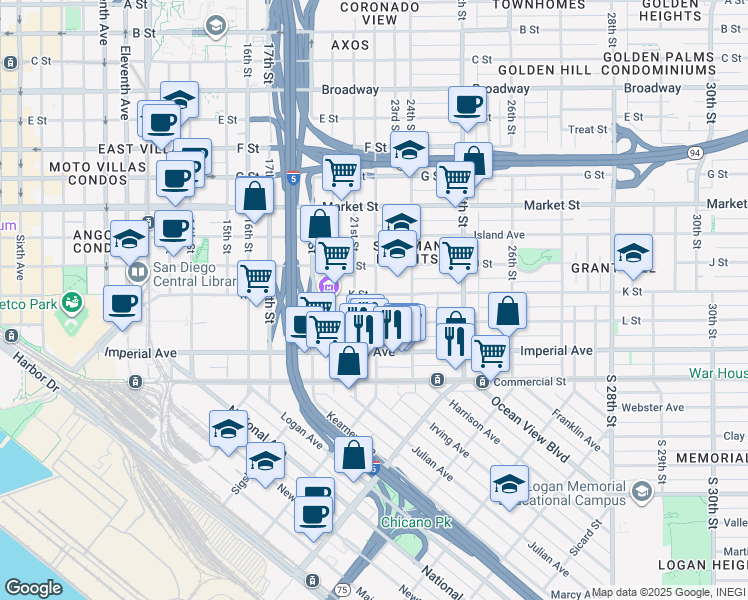 map of restaurants, bars, coffee shops, grocery stores, and more near 260 22nd Street in San Diego